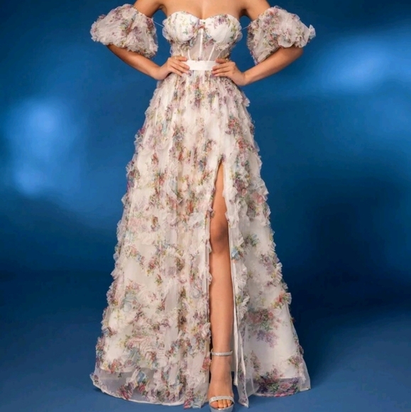 Elegant Off-Shoulder Detachable Puff Sleeve Floral Mesh Gown Elegant Dress - Picture 7 of 7